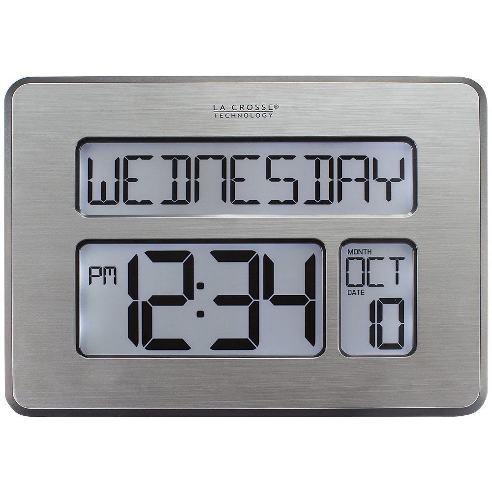 Atomic Brushed Metal Digital Day Date & Temperature Desk Or Wall Alarm Clock