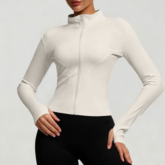 Women's Cropped Lightweight Stretchy Running Track Jackets Zip up Long Sleeve Athletic Yoga Tops with Thumb Holes Daily Travel Sun Protection Outfits