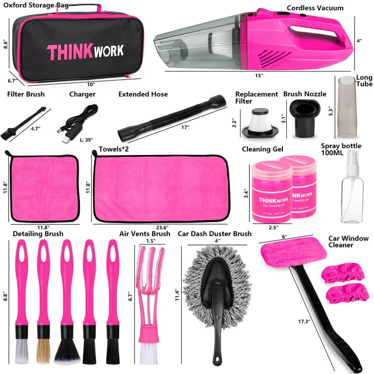 THINKWORK Pink Portable Vacuum Kit, Car Cleaning Kit with 8000PA Cordless  Rechargeable Handheld Vacuum Cleaner,Car Interior Detailing Brush Set, Car