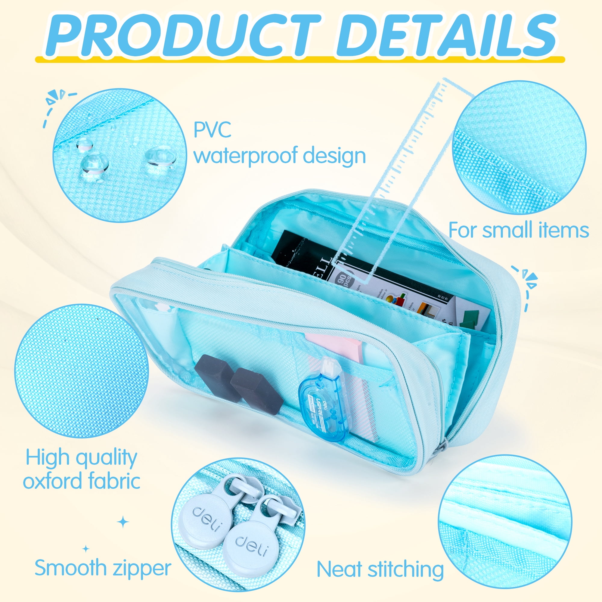 Deli Pencil Case for Kids,Large Capacity Foldable Pencil Pouch with 4 Compartments, School Supplies Organizer Bag for Students, Teens and Office Use,Blue