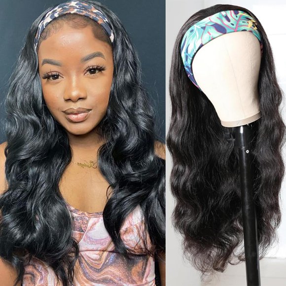 Body Wave Headband Wig Human Hair 150% Density Glueless Wig for Black Women No Lace Front Machine Made Short Half Wig Beginner Friendly Natural Color 12inc