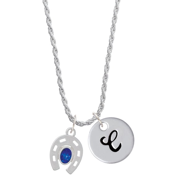 Delight Jewelry Silvertone Horseshoe with Oval Blue Crystal Silvertone Script Initial Disc - C - Charm Necklace, 20"+3"