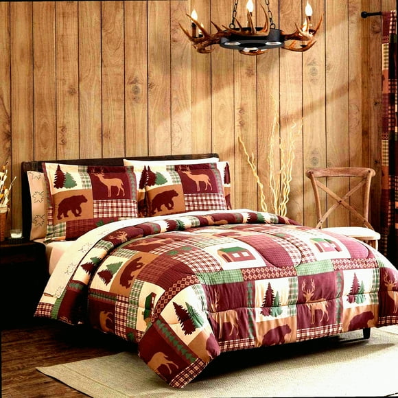 Plaid Deer Rustic Cabin Comforter Set - Cozy Microfiber Bedding Collection