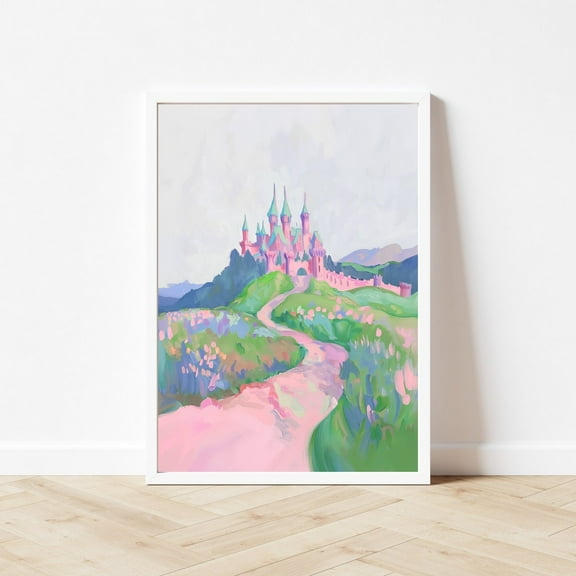 Kna Prints - Pink Princess Castle Painting Magical Girl'S Room Wall Art Print Colorful Whimsical Playroom Pastel Nursery,-8x12 Poster Only