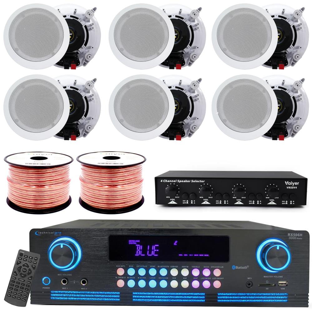 Home Theater 2000W Bluetooth Audio System Kit with 6x 8" Ceiling Speakers, 4-Ch Speaker Selector with Volume Control, 500 ft Speaker Wire and Remote for Home Office Use