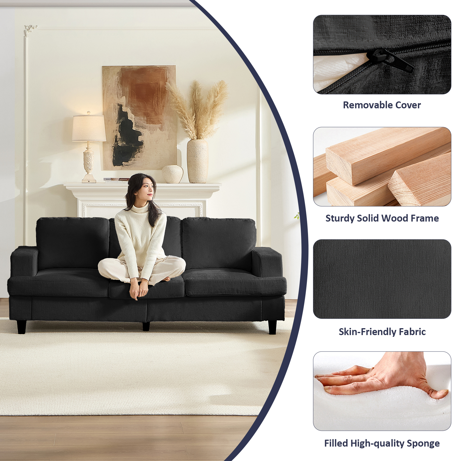 ZAFLY 82” Deep Seat Couch with Wide Armrest, Oversized Sofas and Couches for Small Space/Living Room - Dark Gray