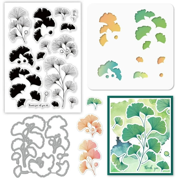 3Pcs Layered Ginkgo Biloba Theme Silicone Clear Stamps Metal Cutting Die Cuts Pet Craft Stencils Template for Card Making and DIY Embossing Scrapbooking Craft Decor