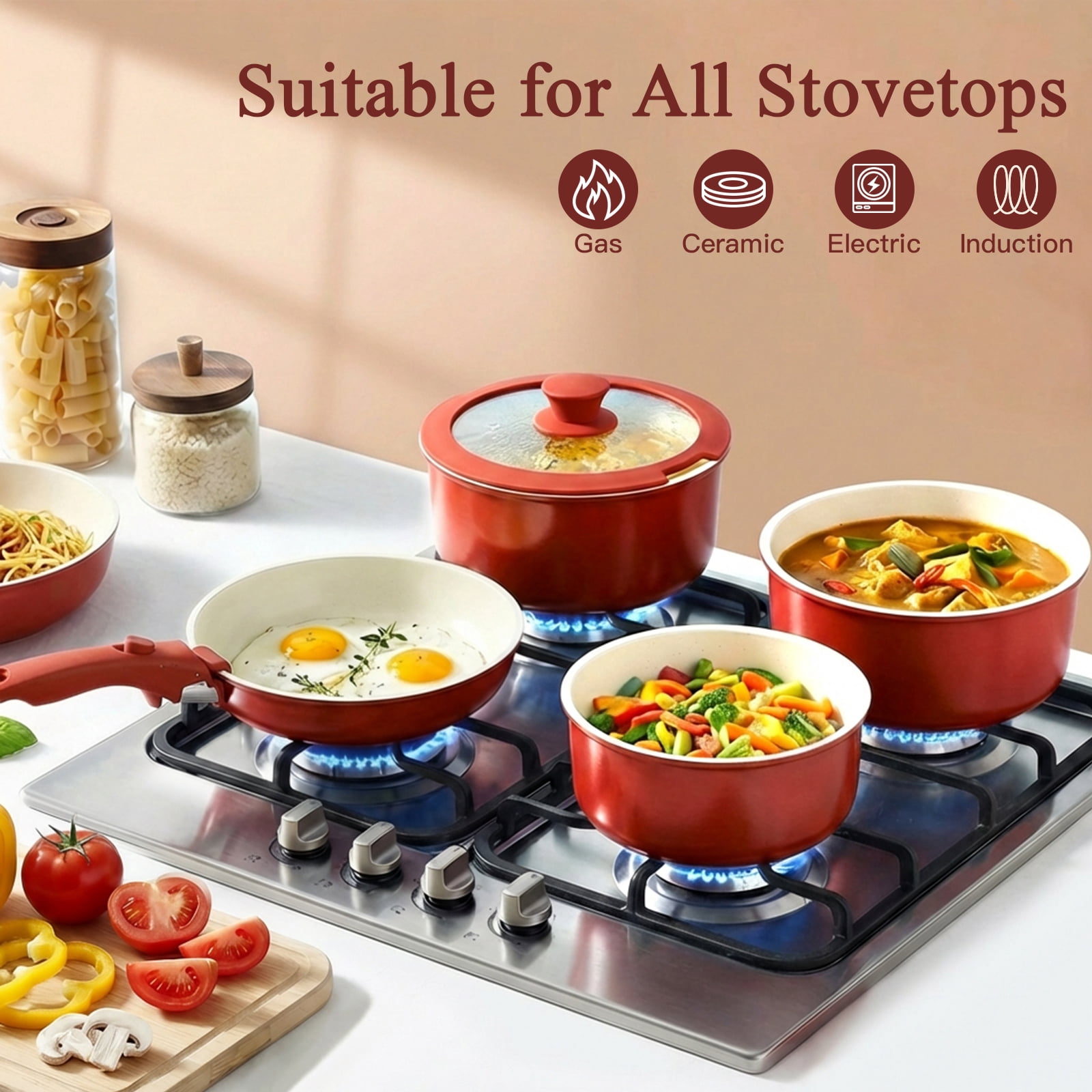 Gipp 5pcs Pots and Pans Set Non Stick,Ceramic Cookware Sets with Removable Handle, Oven & Dishwasher Safe,Induction Cookware,Kitchen Cooking set,Red