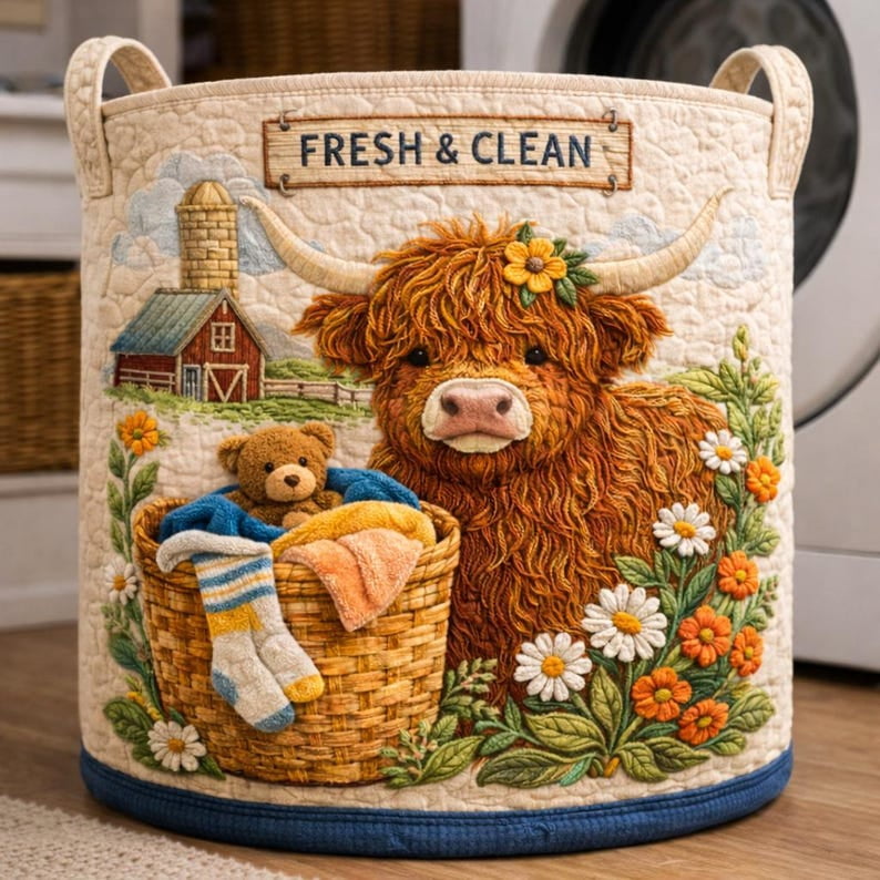 Highland Cow Quilted Laundry Basket, Farmhouse Laundry Hamper, Cute Laundry Room Decor, Fabric Storage Basket with Teddy Bear