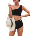 thumbnail image 4 of Womens 2 Pieces Bandeau Bikini Swimsuits and Striped Printed High Waisted Cheeky Bikini Set and Scalloped Trim One Shoulder Bikini Bathing Suit Bundle, 4 of 8