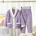 thumbnail image 2 of cfhntfmh Children's Fuzzy Outfits Winter Warm Fleece Long Sleeve Buttons down Jackets Color Block High Waisted Pants Lounge Sets, 2 of 6