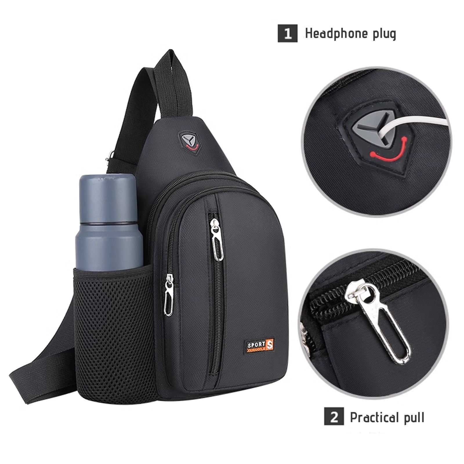 Small Sling Bag with Water Bottle Holder,Large Capacity Crossbody Bag Single Shoulder Backpack, Water Resistance with Headphone Hole Travel Bag