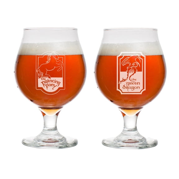 Set of 2 Glass 16 oz Belgian Beer Tulip Stemmed Beer Glass The Prancing Pony and The Green Dragon