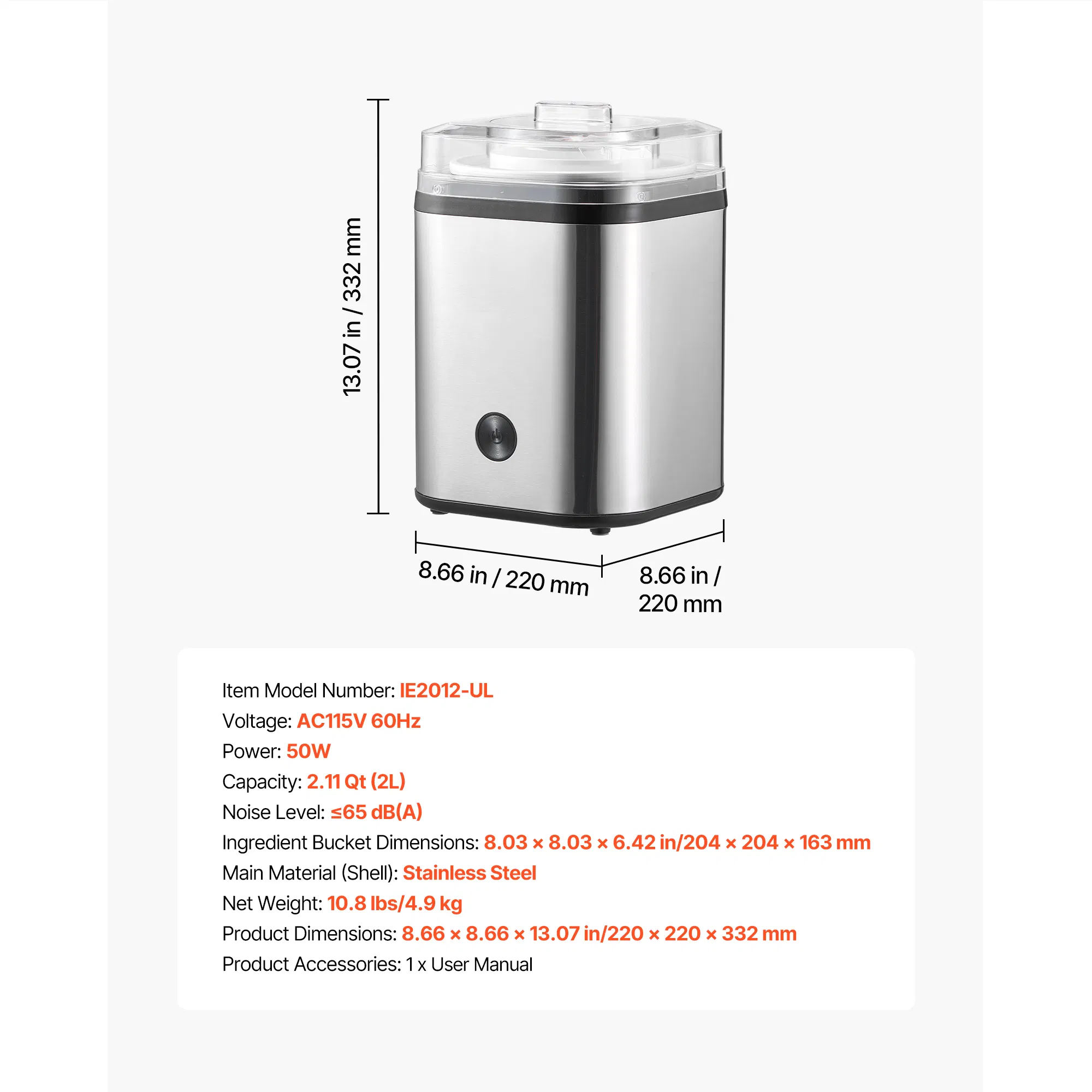 Automatic Ice Cream Maker 2.11 Qt - Easy Clean Stainless Steel Machine for Homemade Gelato, Frozen Yogurt & Sorbet - Silver