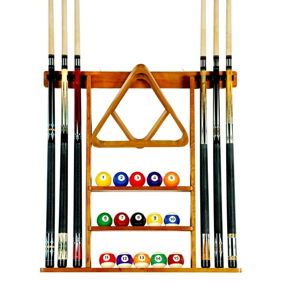 Pool Cue Rack Only 6 Billiard Stick + Ball Set Wall Rack Holder Oak Finish