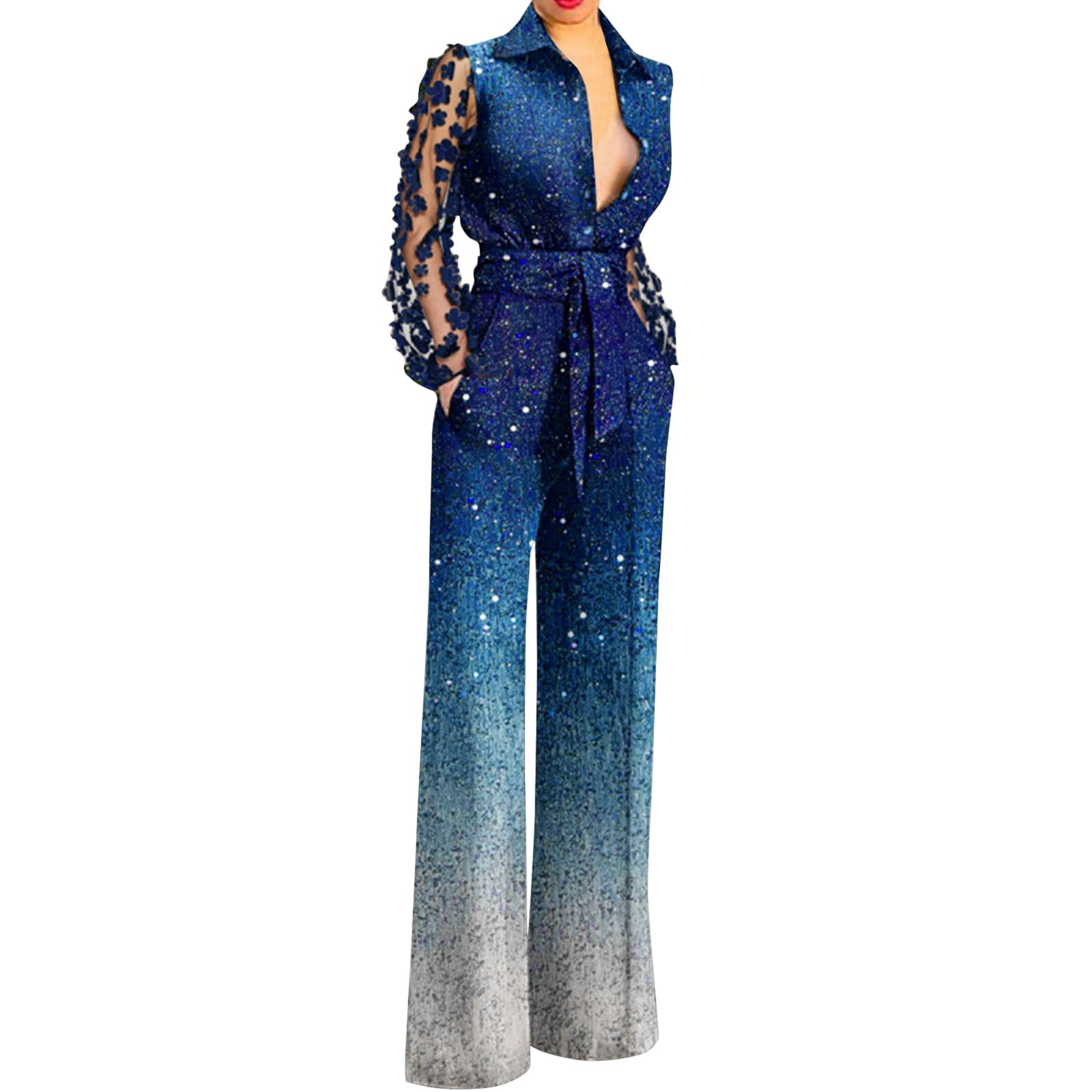 wofedyo jumpsuits for women Lapel Deep V Lace Stitching Bell Bottoms ...