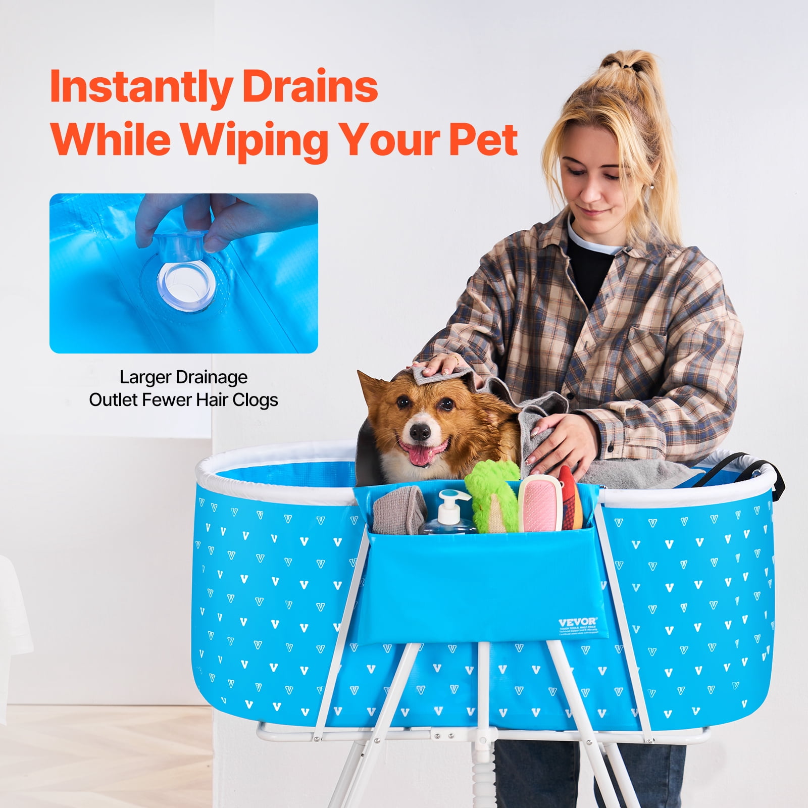 VEVOR Portable Dog Bathtub, Elevated & Foldable Space-saving Pet Shower Station with Quick Drainage, Bathing Tub, Washing & Grooming Small and Medium Size Dogs and Cats Indoor & Outdoor, Light Blue