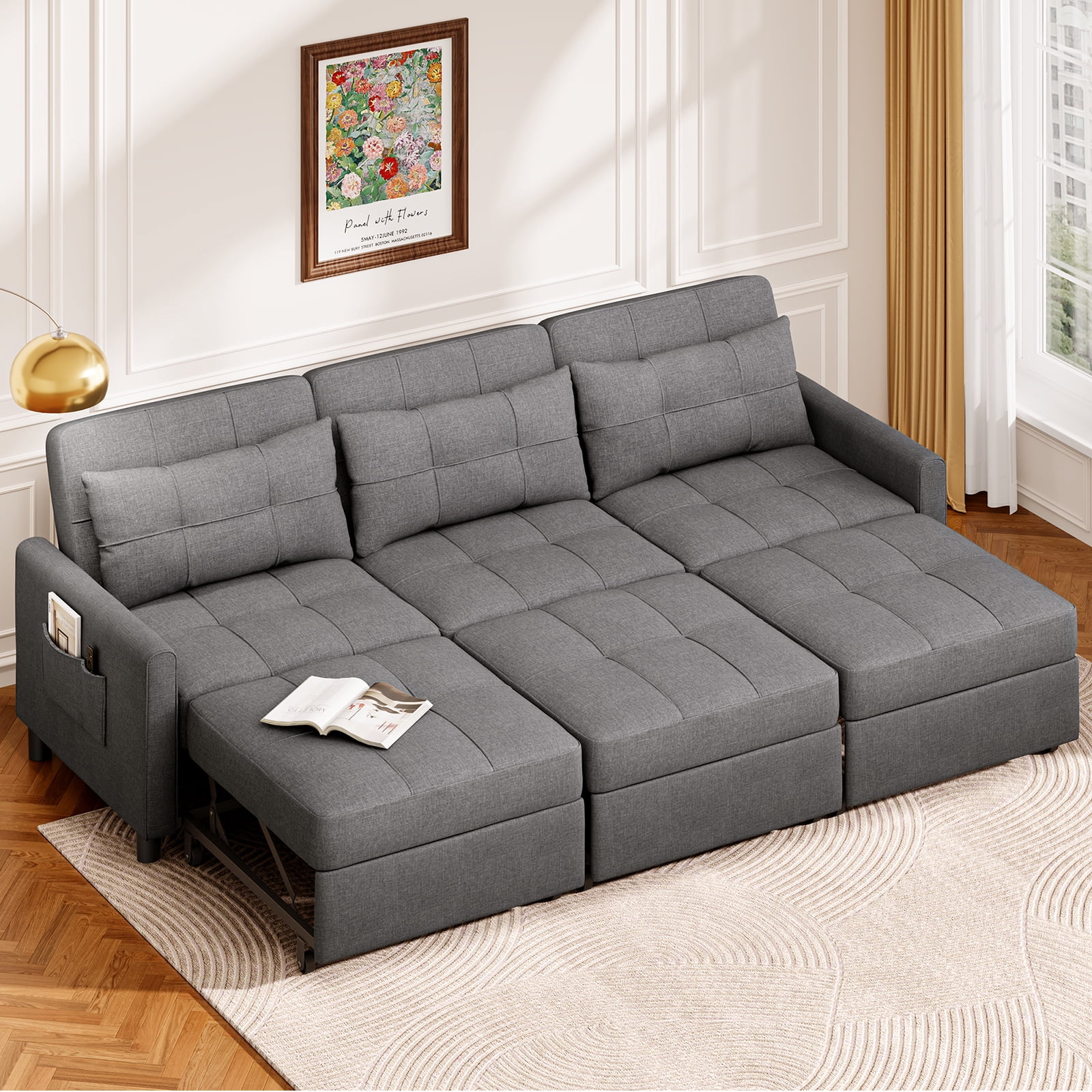 Asofer 3-in-1 Convertible Sleeper Sofa Bed, Adjustable Futon Couch Recliner with Metal Frame for Living Room, Home & Office - Dark Gray