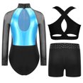 thumbnail image 4 of Aiihoo Kids Girls Gymnastics Ballet Dance Mesh Long Sleeve Shiny Rhinestones Leotard with Vest Shorts for Training Performance Light Blue 16, 4 of 5