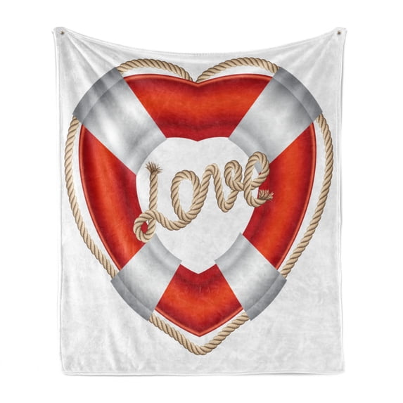 Coastal Soft Flannel Fleece Throw Blanket, Heart Shaped Belt Valentine Love Affection Honeymoon Romantic Theme Art, Cozy Plush for Indoor and Outdoor Use, 70" x 90", Orange White Cream, by Ambesonne