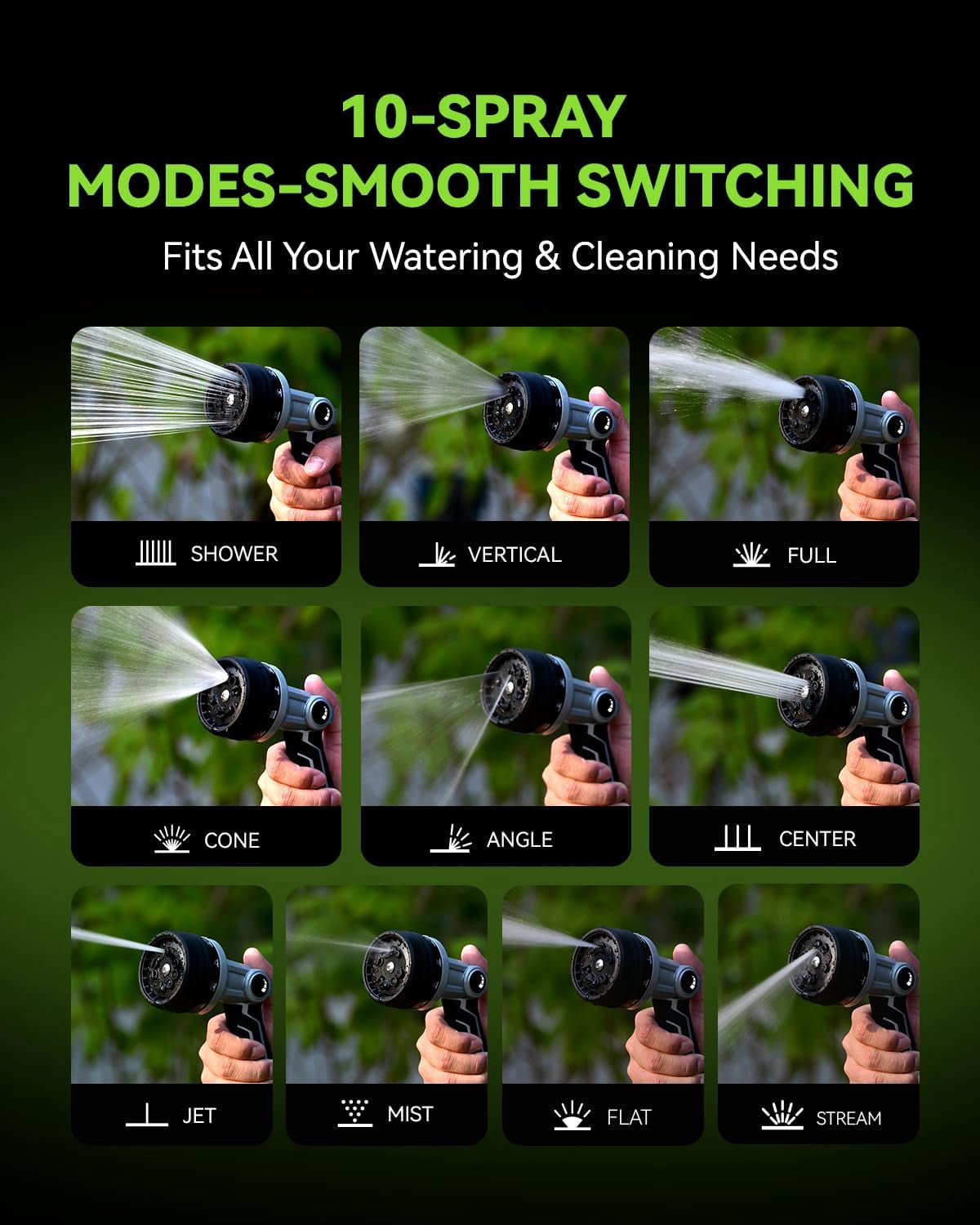 Heavy Duty Full-Metal Garden Hose Nozzle, Water Hose Nozzle Sprayer with 10 Adjustable Patterns & High Flow, Thumb Control for Flow Adjustment, Ideal for Watering, Washing, Cleaning