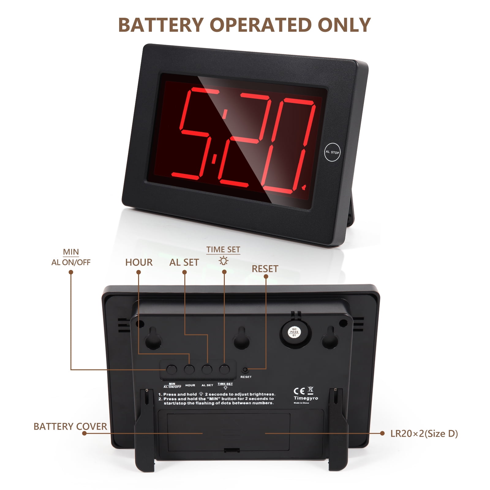 Kwanwa 8" Digital Wall Clock, Alarm Clock Battery Operated, Auto Dimmer Mode, Tabletop, Bedroom, Living Room, Office