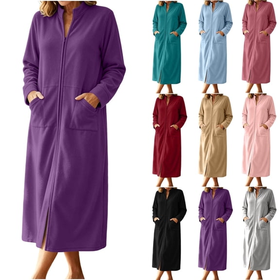 QINGFSAP Womens Full Length Zip Up Robe Fleece Long Sleeve Winter Cozy Sleepwear Lounge Dress with Pockets