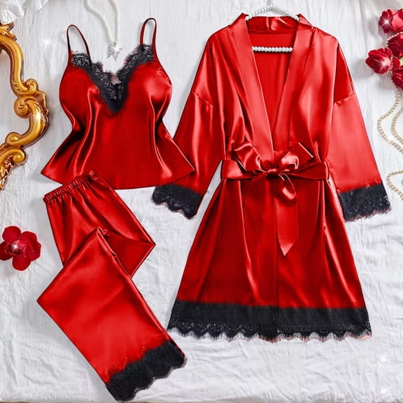 Womens 3 Piece Pajama Sets Plus Size Satin Sleepwear Lace Trim Sexy Loungewear Nightgowns Comfy for Women Casual Matching Pj Set