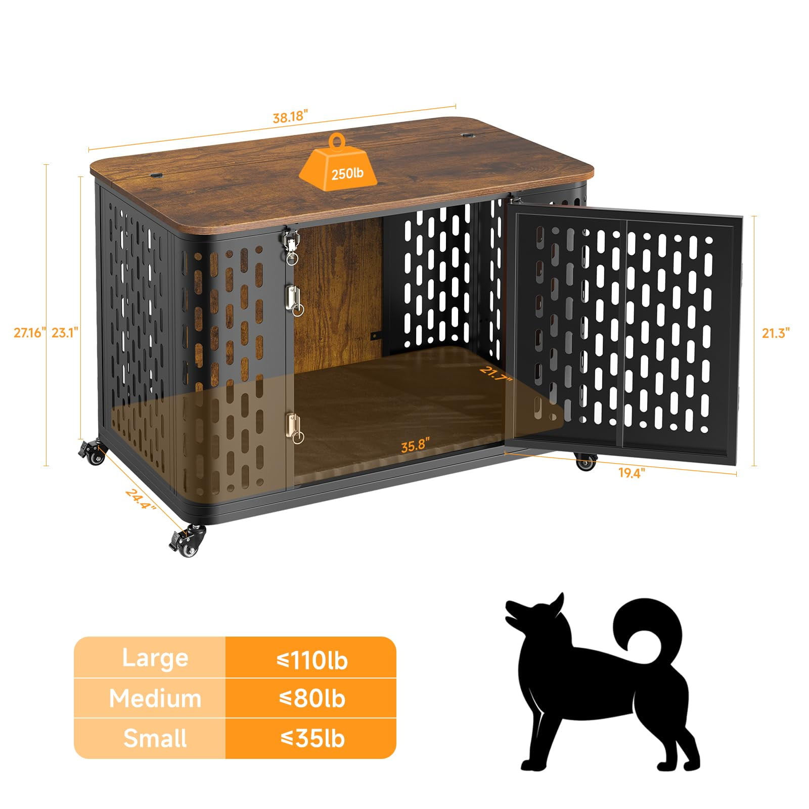 Naipo 38" Heavy Duty Dog Crate Furniture, Chew Proof Prevent Escape Metal Kennel for High Anxiety Dogs, Wooden Side Table,Decorative Coffee Table, Indoor Cage with Cushion, Rustic Brown