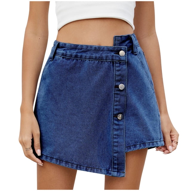 Denim Shorts for Women, Casual Button Pocket Design with Wide Leg Fit, Soft Polyester Fabric, Deep Blue Color, Size L