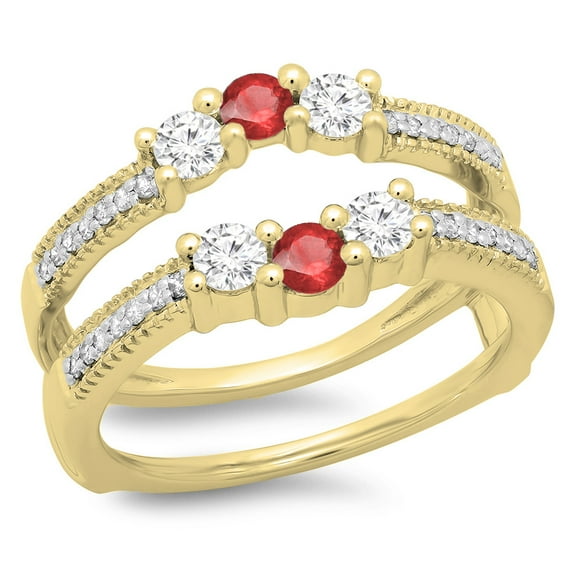 Dazzlingrock Collection 14K Ruby & White Diamond Wedding Band 3 Stone Enhancer Guard Double Ring, Yellow Gold, Size 5.5