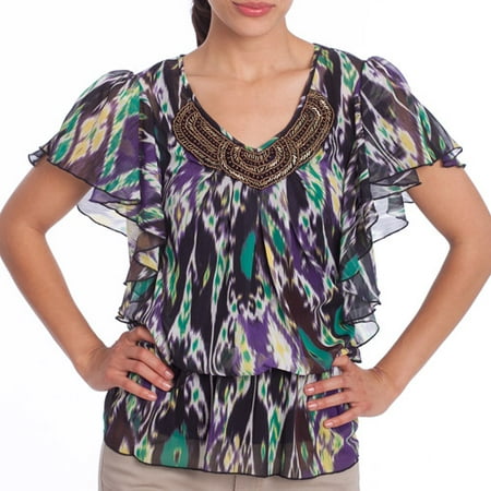Susie Rose - Juniors Plus Ruffled Beaded Front Blouson Top