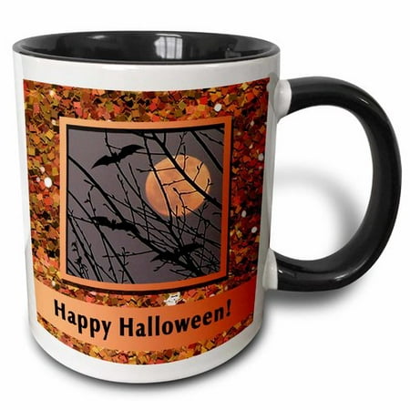 3dRose Bats Flying Around Harvest Moon in Glitter Look Frame Happy Halloween Coffee Mug
