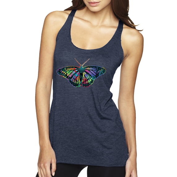 Wild Bobby, Colorful Rainbow Patterned Butterfly Animal Lover Tri-Blend Racerback Tank Top, Vintage Navy, Large