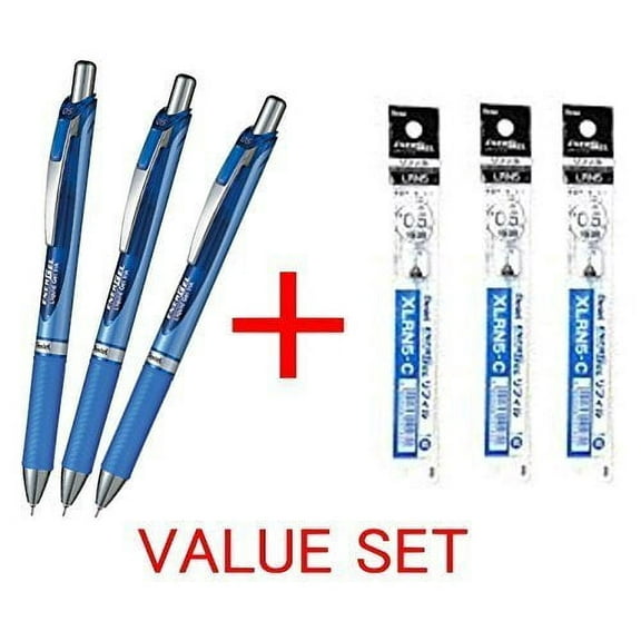 Pentel Energel Deluxe RTX Retractable Liquid Gel Pen - 0.5mm - Fine Line Needle Tip Blue Ink - Blue Body Type - 3Pens & 3Pens Refills Value Set