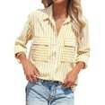 thumbnail image 2 of adviicd Button Down Shirt Women Long Sleeve Women's Striped Button Down Shirts Casual Long Sleeve Stylish V Neck Blouses Tops with Pockets (Yellow,L), 2 of 9