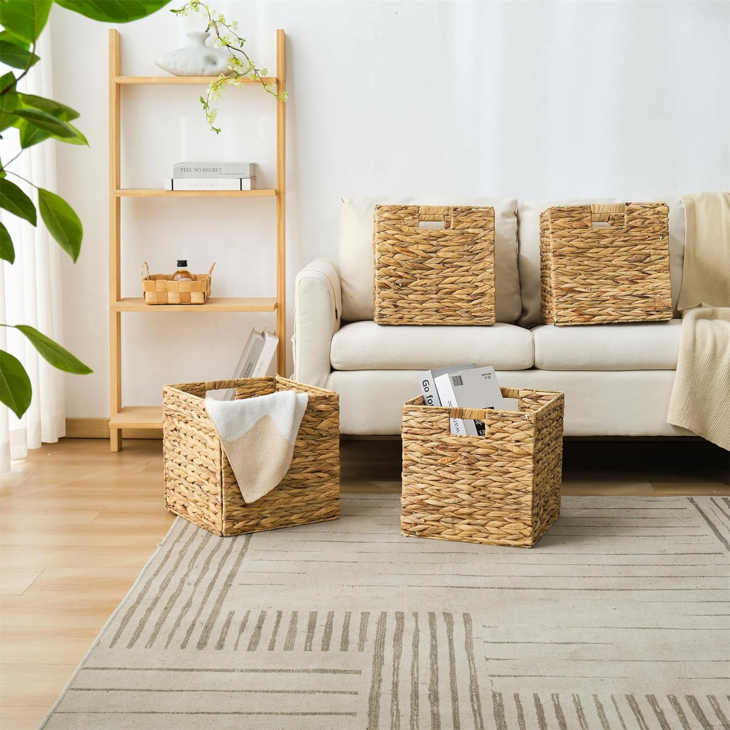 VK.Living Storage Basket Foldable Handwoven Water Hyacinth Laundry Cube Organizer Baskets Set of 2,12x12