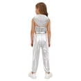 thumbnail image 5 of inlzdz Girls Hip-Hop Jazz Modern Dance Sets Sleeveless Sparkly Sequins Hooded Crop Top with Metallic Pants Silver 8, 5 of 7