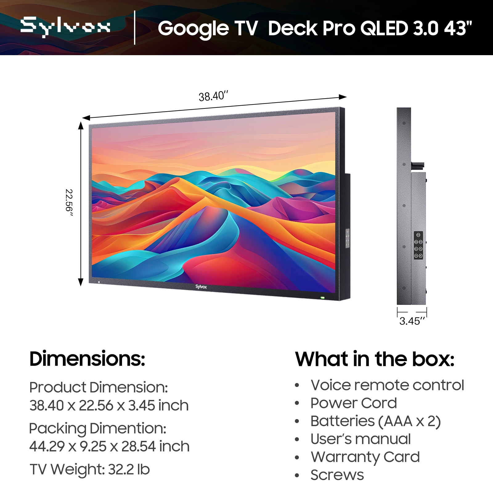 Sylvox 43" QLED Outdoor TV,4K UHD 1000nits Smart Television for Partial Sun,IP55 Weatherproof, Dolby Atmos,Voice Remote,Chromecast,Deck Pro QLED 3.0
