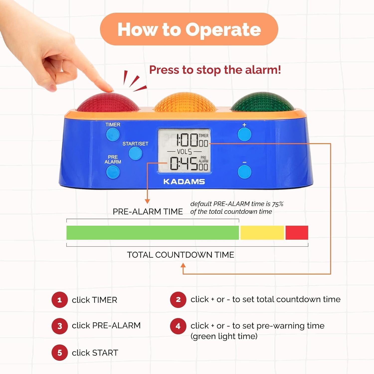 KADAMS Visual Timer for Kids with Pre-Alarm Stop Light Concept, Clock with Indoor Temperature, Kindergarten Classroom Teacher Must Have, Time Management Gifts for Kids, Toddlers, Kindergardeners,ADHD