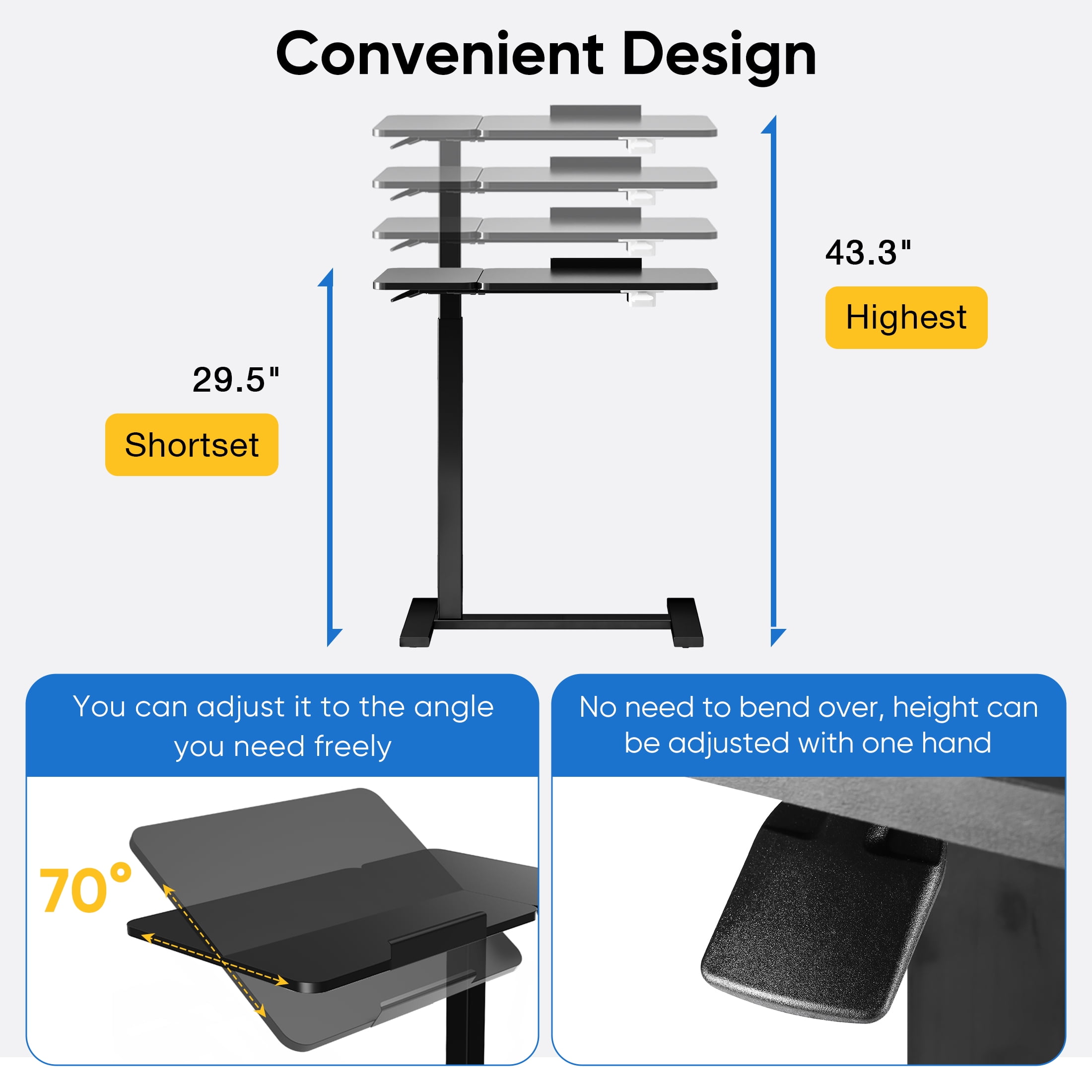 ZUNMOS Overbed Bedside Lap Desk with Wheels and Tilt Top, Mobile Standing Lap Desk Pneumatic Adjustable Height for Home Office Bedroom Sofa, Black