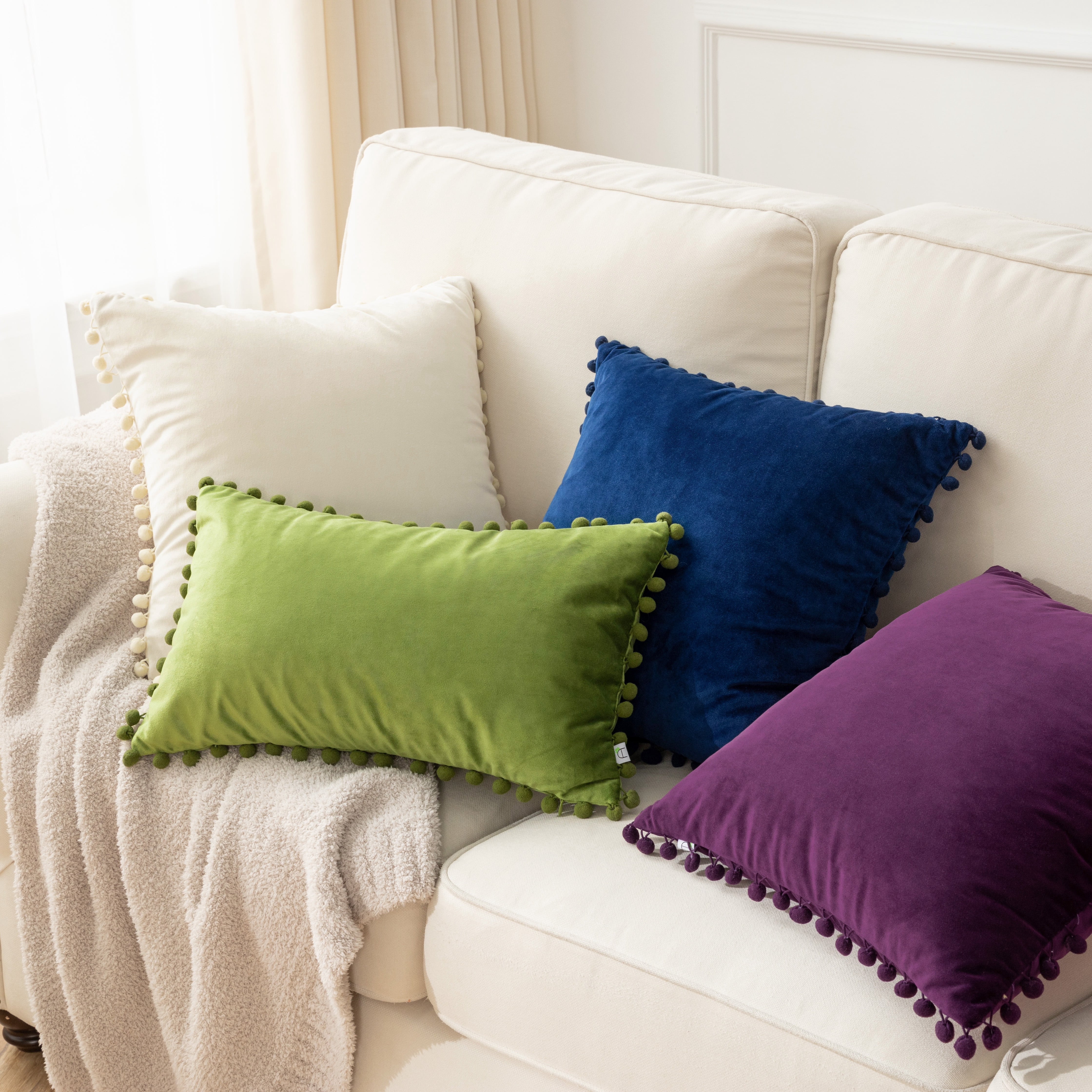 Phantoscope Light Pink Throw Pillow Covers 2 Pack, 12" x 20" Velvet Decorative Pillow Cases with Pom Poms, Soft Square Cushion Covers for Couch Sofa Bed