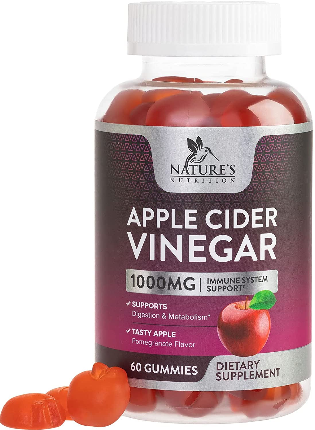 Nature's Nutrition Apple Cider Vinegar Gummies for Natural Weight Support - Natural 1000mg Cleanse - 60 Gummies
