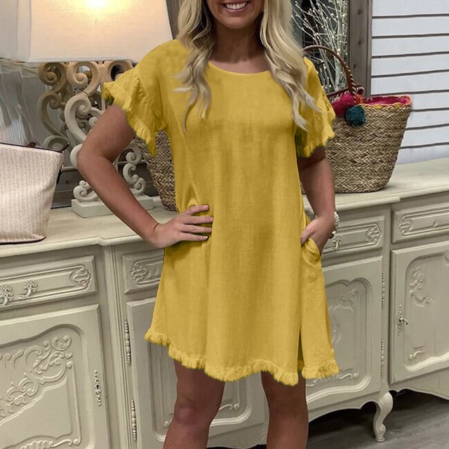 Robe en Lin Mélangé pour Femmes, Tunique Décontractée à Manches Courtes et Col Rond avec Poches, pour le Printemps et l'Été