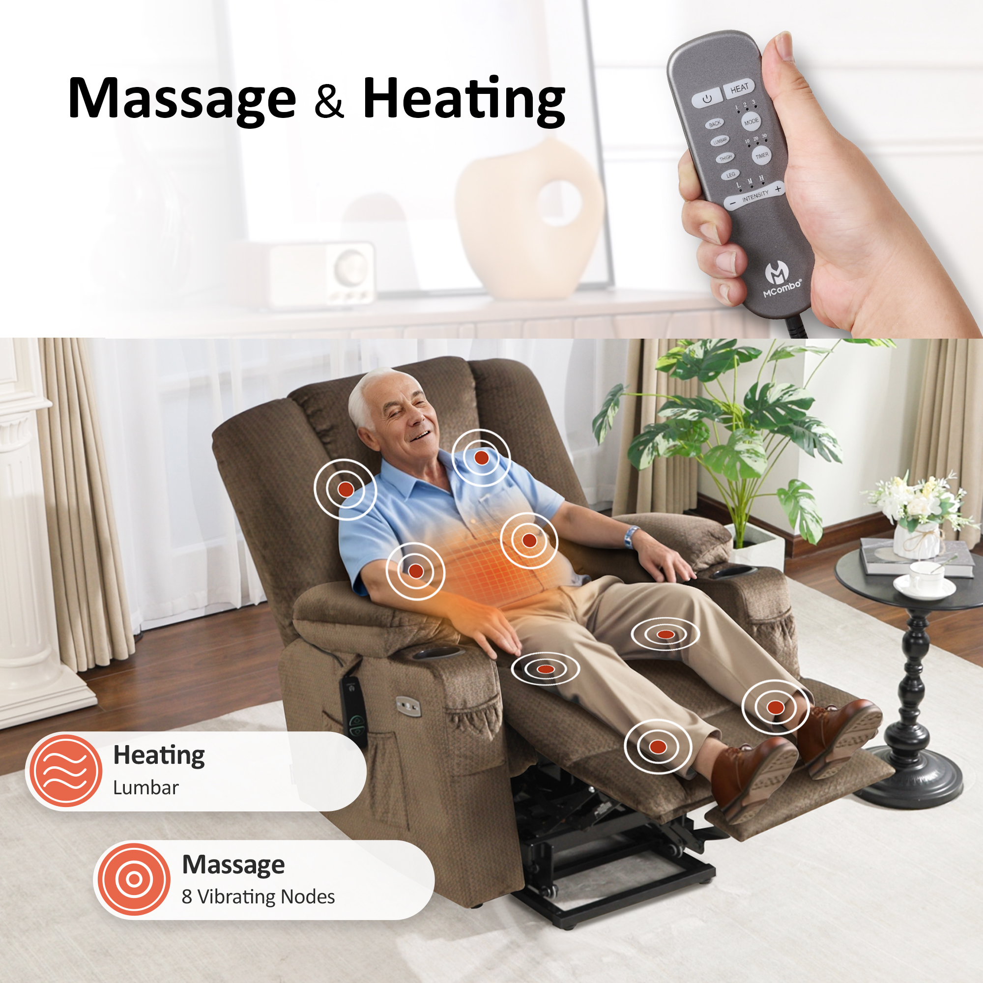 MCombo Oversized Power Lift Recliner Chair with 27.2'' Extra Wide Seat for Big and Tall Elderly People, Fabric R7541 (Brown, Large-Wide)