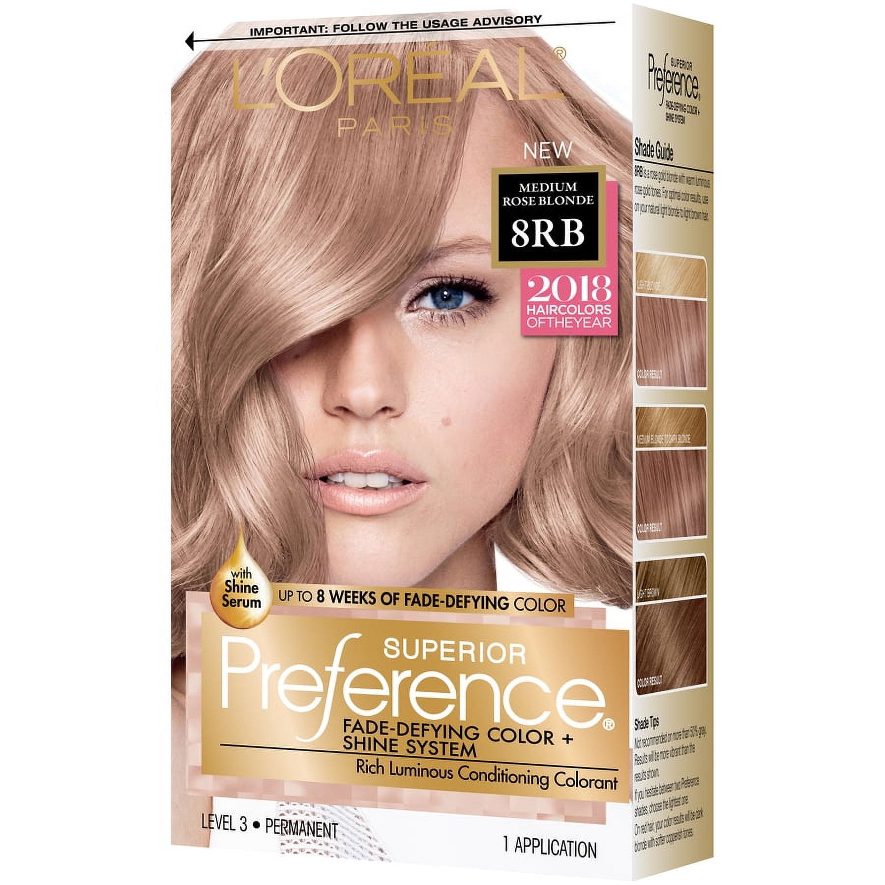 L'Oreal Paris Superior Preference Fade-Defying Shine Permanent Hair Color, 8RB Medium Rose Blonde, 1 Kit