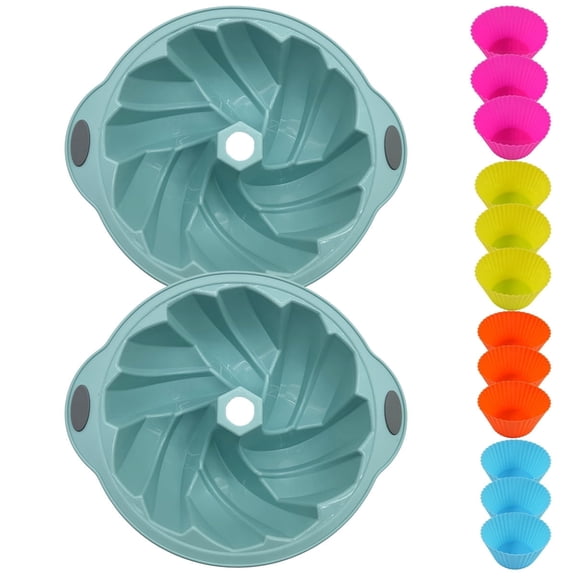 RALERA 14PCS Silicone Baking Set with 2 Hollow Round Cake Molds & 12 Muffin Cups