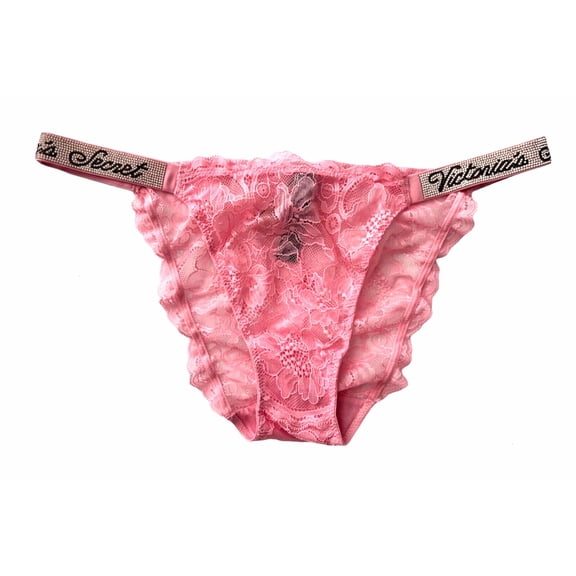 Victoria's Secret Very Sexy Bling Shine Strap Logo Bikini Panty Rose Pink Lace Size Large NWT
