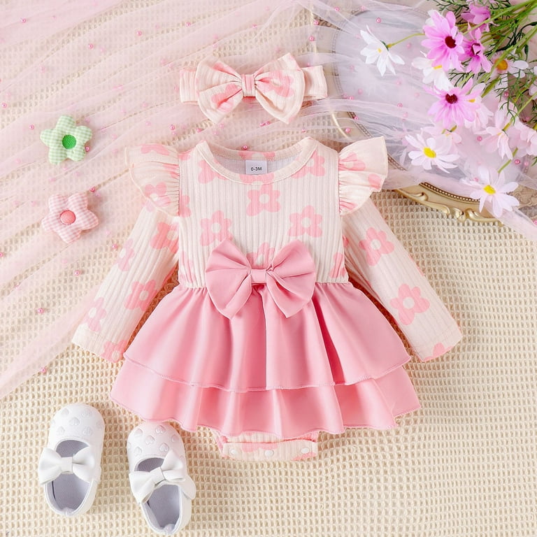 Baby Girl Romper Dress Long Sleeve Lace Flower Bodysuit Jumpsuit with  Headband Romper Skirt Dress Princess Outfits for Boys And Girls 1-3 Months  - Walmart.com