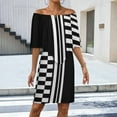 thumbnail image 2 of Stylish Black And White Check And Stripes Women's Off The Shoulder Ruffles Summer Wedding Guest Loose Casual Party Beach Dress, 2 of 9